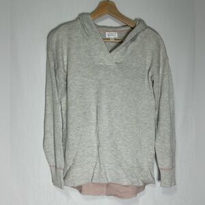 Market & Spruce Womens Gray Hooded Sweater Pink Trim V-Neck Pullover Knit Size L